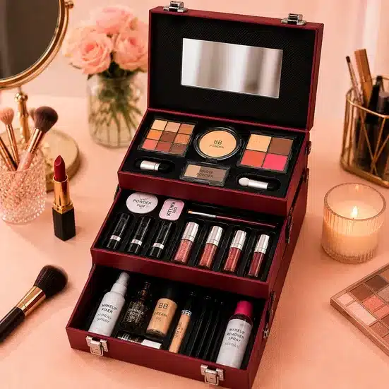 Luxury Multi Layer Makeup Vanity Case with Complete Beauty Collection and Elegant Cosmetic Organizer